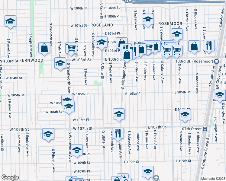 map of restaurants, bars, coffee shops, grocery stores, and more near 10426 South Wabash Avenue in Chicago