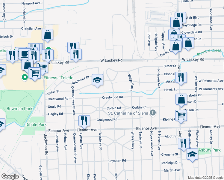 map of restaurants, bars, coffee shops, grocery stores, and more near 4748 Overland Parkway in Toledo