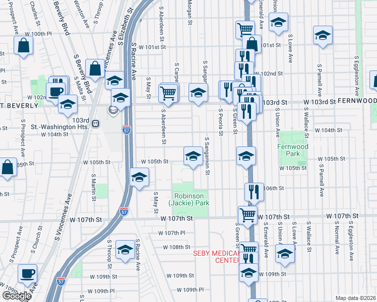 map of restaurants, bars, coffee shops, grocery stores, and more near 1007 West 104th Place in Chicago