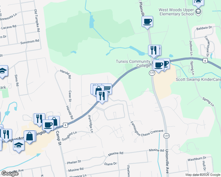 map of restaurants, bars, coffee shops, grocery stores, and more near 314 Scott Swamp Road in Farmington
