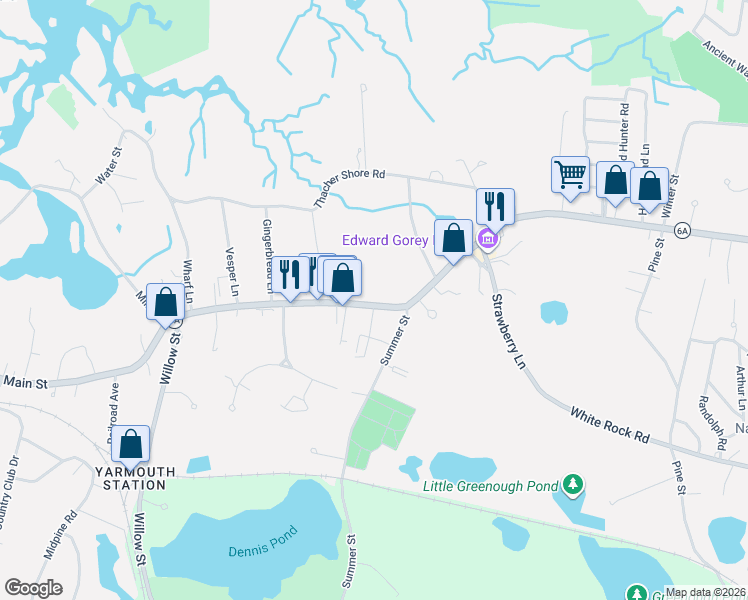map of restaurants, bars, coffee shops, grocery stores, and more near 190 Massachusetts 6A in Yarmouth