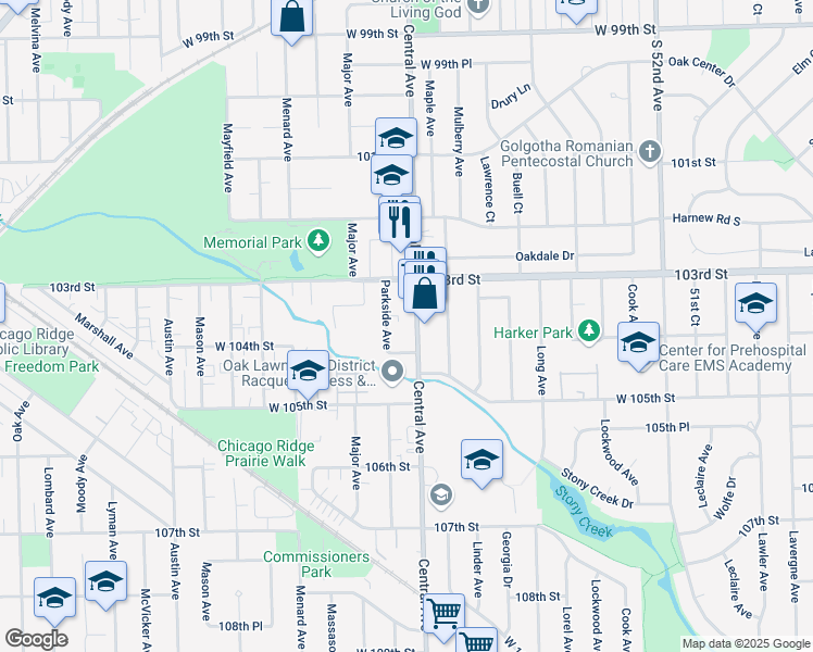 map of restaurants, bars, coffee shops, grocery stores, and more near 10315 Parkside Avenue in Oak Lawn