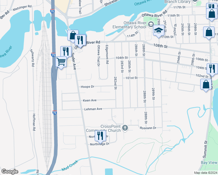 map of restaurants, bars, coffee shops, grocery stores, and more near 2156 Hoops Drive in Toledo