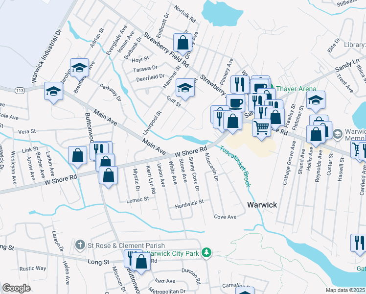 map of restaurants, bars, coffee shops, grocery stores, and more near 2783 West Shore Road in Warwick