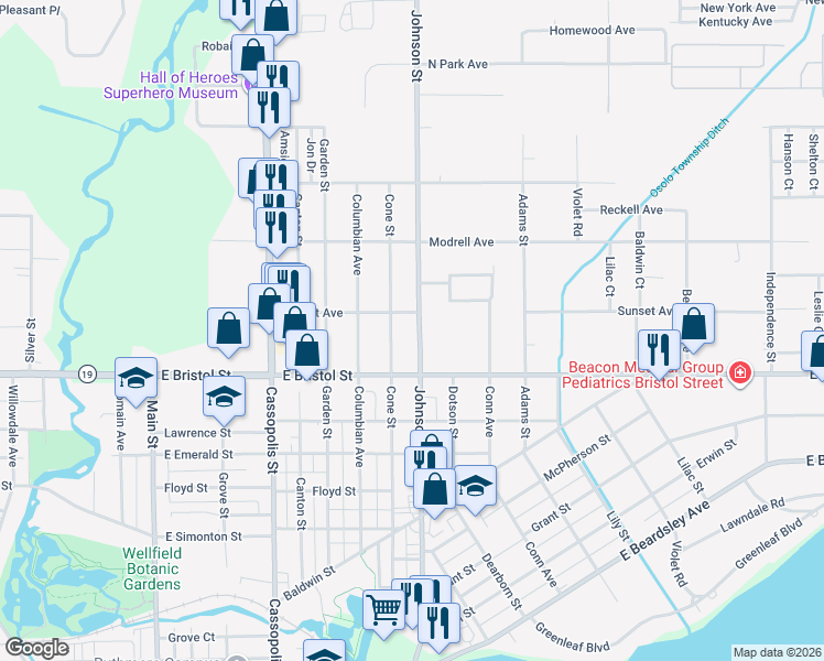 map of restaurants, bars, coffee shops, grocery stores, and more near 800-898 Sunset Avenue in Elkhart