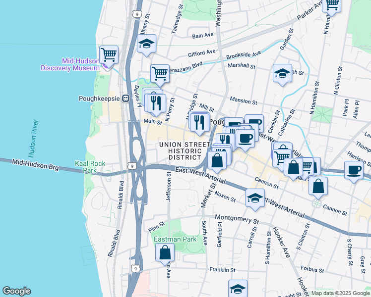 map of restaurants, bars, coffee shops, grocery stores, and more near 173 Union Street in Poughkeepsie