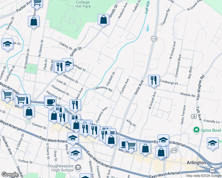 map of restaurants, bars, coffee shops, grocery stores, and more near 18 Fitchett Street in Poughkeepsie