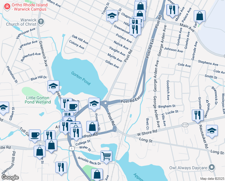 map of restaurants, bars, coffee shops, grocery stores, and more near 2980 Post Road in Warwick