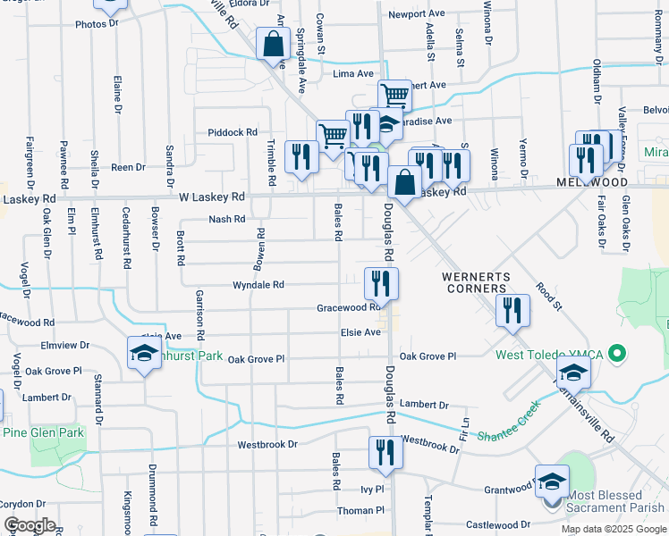map of restaurants, bars, coffee shops, grocery stores, and more near 2605 Boxwood Road in Toledo