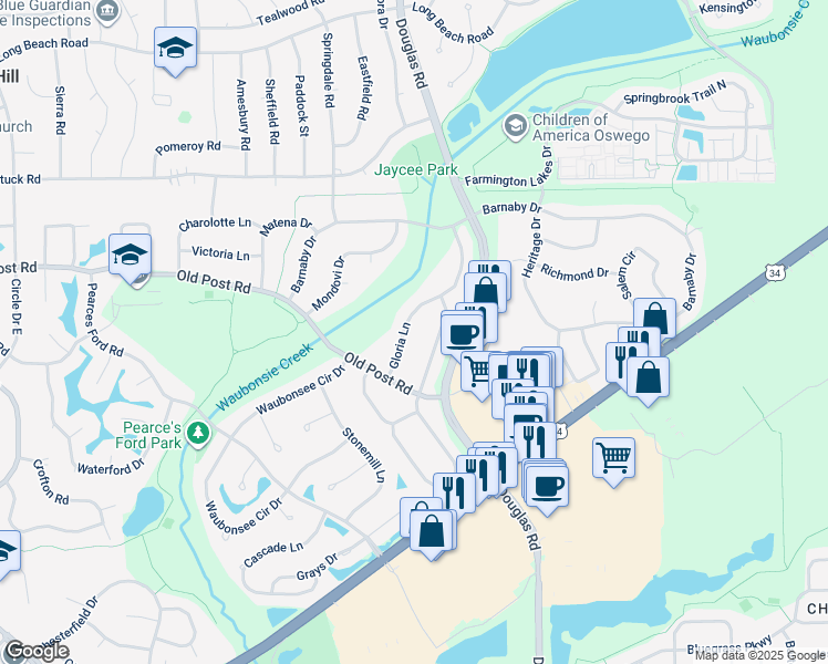 map of restaurants, bars, coffee shops, grocery stores, and more near 423 Gloria Lane in Oswego