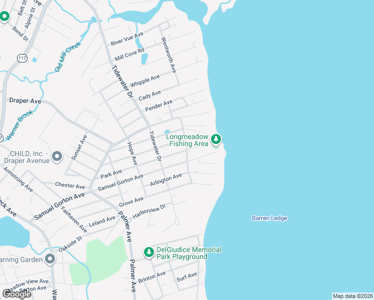 map of restaurants, bars, coffee shops, grocery stores, and more near Ocean Avenue in Warwick