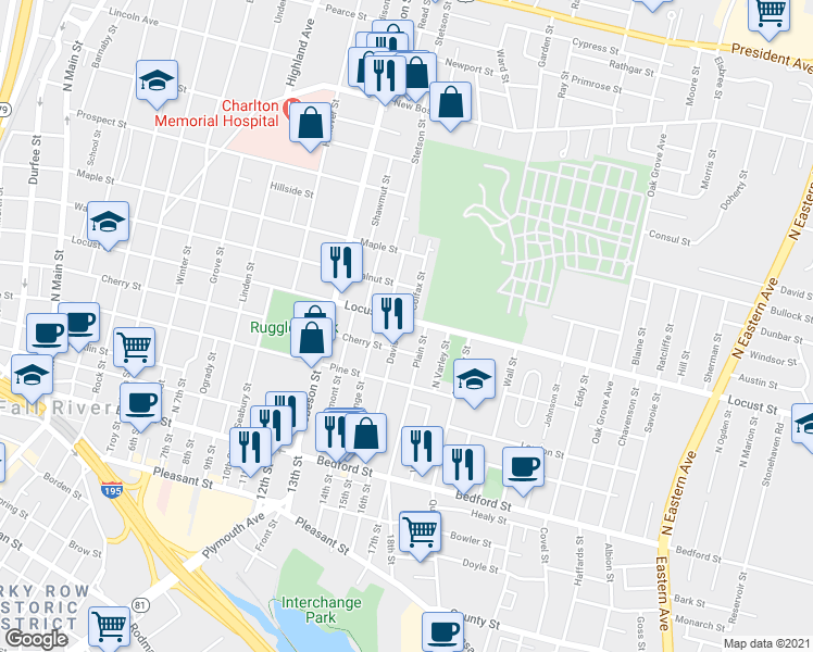 map of restaurants, bars, coffee shops, grocery stores, and more near 25 Colfax Street in Fall River
