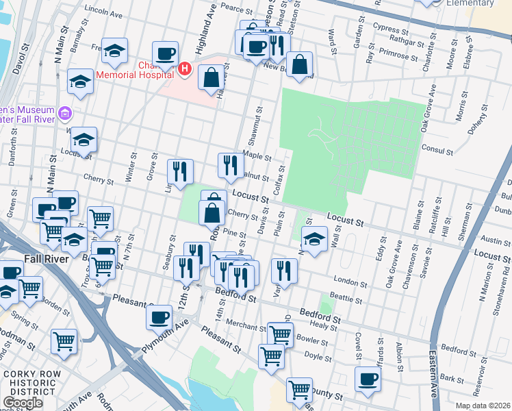 map of restaurants, bars, coffee shops, grocery stores, and more near 936 Locust Street in Fall River