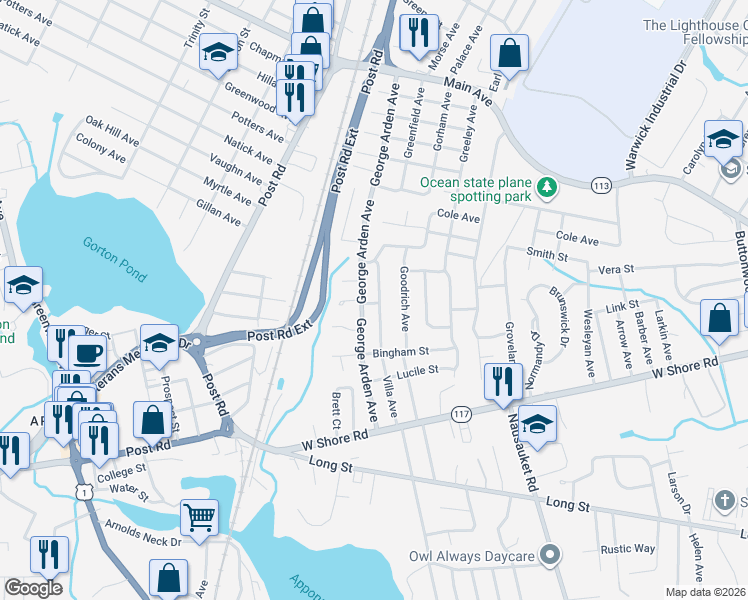 map of restaurants, bars, coffee shops, grocery stores, and more near 20 Villa Avenue in Warwick