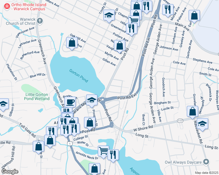 map of restaurants, bars, coffee shops, grocery stores, and more near 2945 Post Road in Warwick