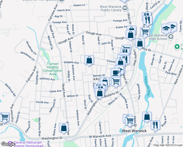 map of restaurants, bars, coffee shops, grocery stores, and more near 125 West Street in West Warwick