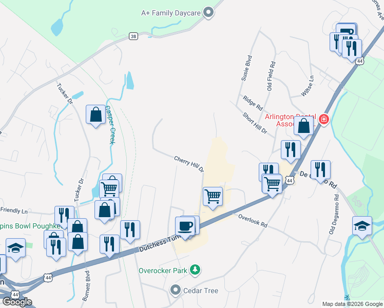 map of restaurants, bars, coffee shops, grocery stores, and more near 6008 Cherry Hill Drive in Poughkeepsie