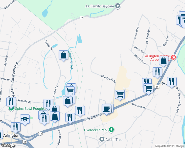 map of restaurants, bars, coffee shops, grocery stores, and more near 2406 Cherry Hill Drive in Arlington