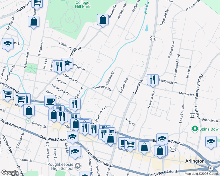 map of restaurants, bars, coffee shops, grocery stores, and more near 18 Fitchett Street in Poughkeepsie