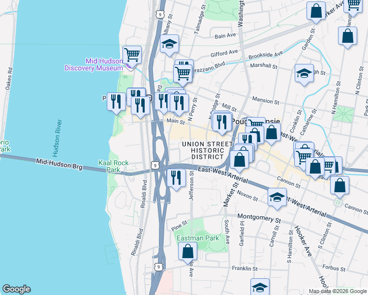 map of restaurants, bars, coffee shops, grocery stores, and more near 33 South Clover Street in Poughkeepsie