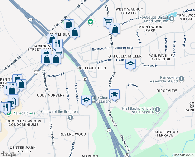 map of restaurants, bars, coffee shops, grocery stores, and more near 297 University Avenue in Painesville