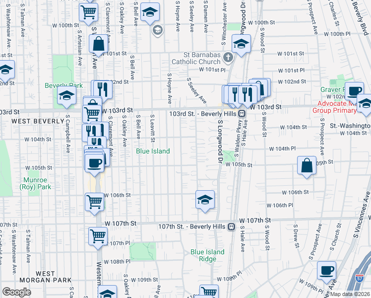 map of restaurants, bars, coffee shops, grocery stores, and more near 10400 South Seeley Avenue in Chicago
