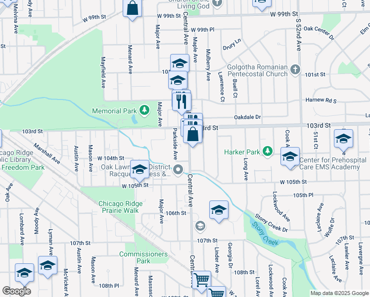 map of restaurants, bars, coffee shops, grocery stores, and more near 10315 Parkside Avenue in Oak Lawn