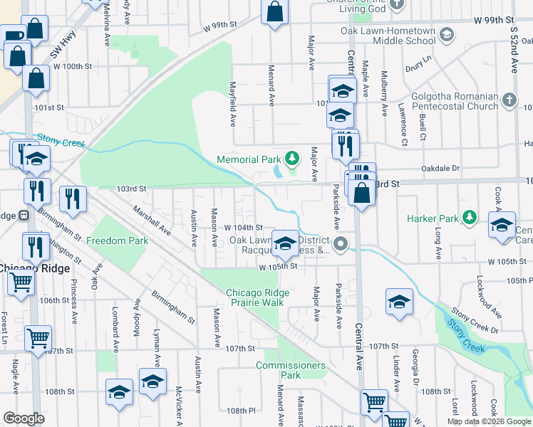 map of restaurants, bars, coffee shops, grocery stores, and more near 10308 Menard Avenue in Oak Lawn