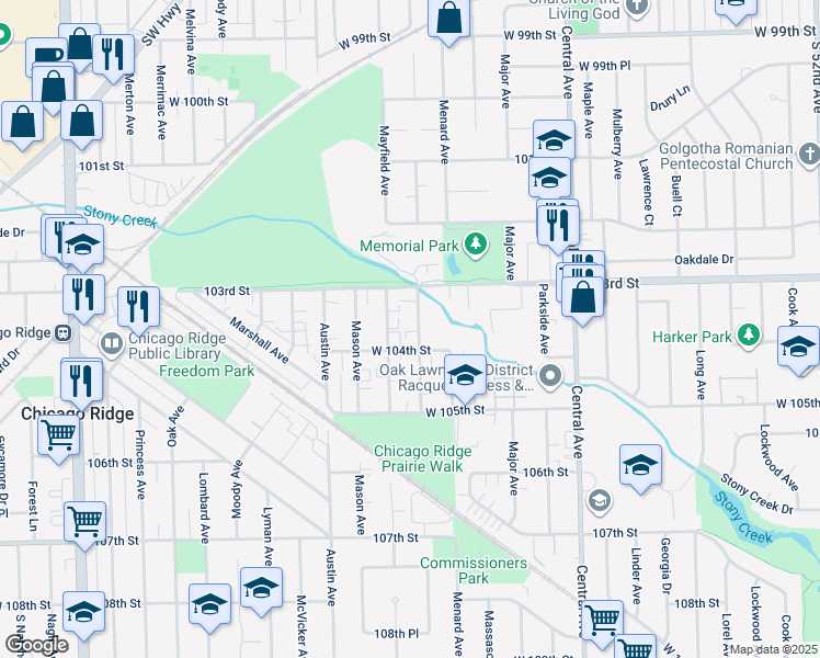 map of restaurants, bars, coffee shops, grocery stores, and more near 10311 Mayfield Avenue in Oak Lawn
