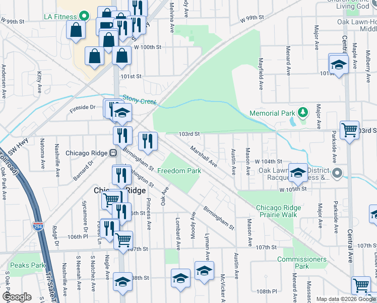 map of restaurants, bars, coffee shops, grocery stores, and more near 6147 Marshall Avenue in Chicago Ridge