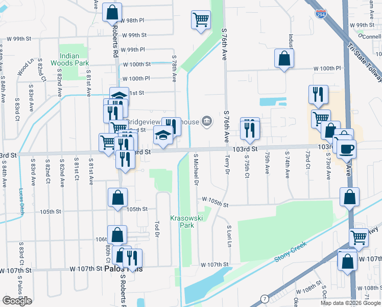 map of restaurants, bars, coffee shops, grocery stores, and more near 9600 South 78th Avenue in Palos Hills