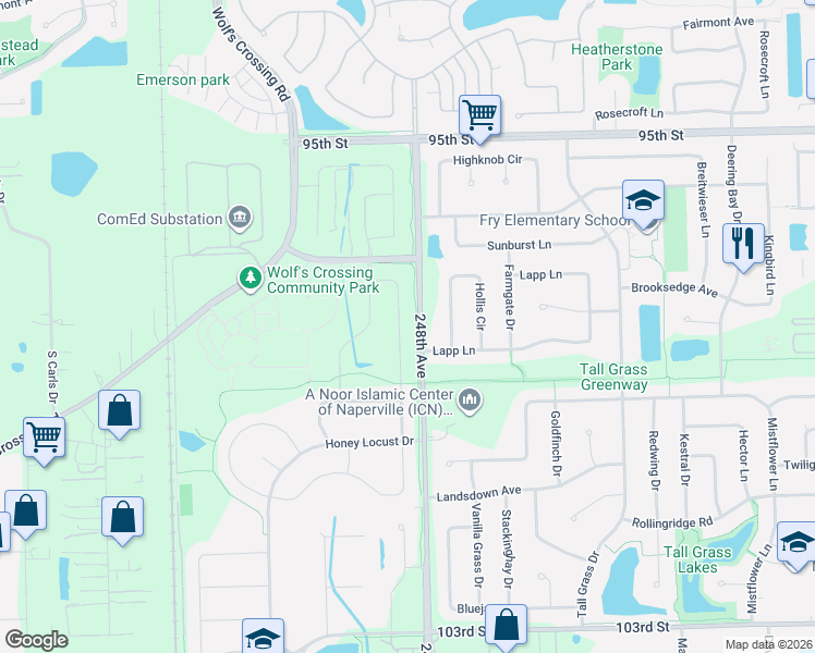 map of restaurants, bars, coffee shops, grocery stores, and more near 3440 Birch Lane in Naperville