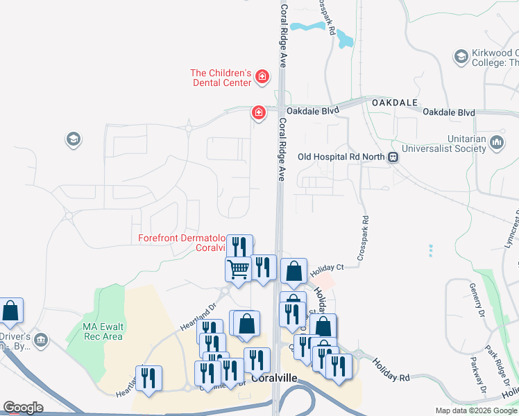 map of restaurants, bars, coffee shops, grocery stores, and more near 2864 Coral Court in Coralville