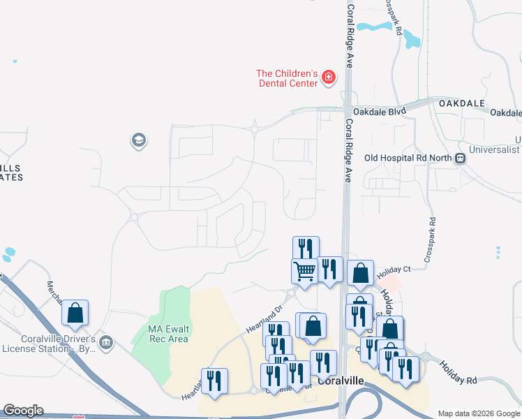 map of restaurants, bars, coffee shops, grocery stores, and more near 2861 Spring Rose Circle in Coralville