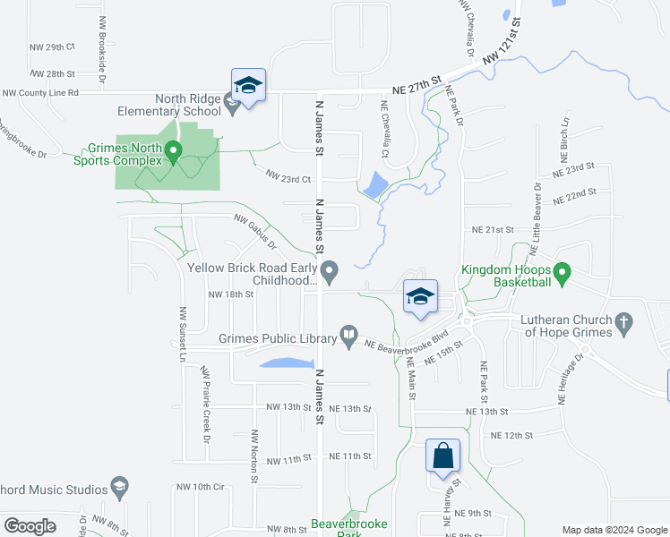 map of restaurants, bars, coffee shops, grocery stores, and more near 2205 North James Street in Grimes