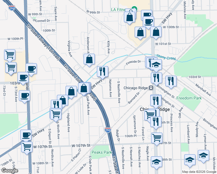 map of restaurants, bars, coffee shops, grocery stores, and more near 10306 Natoma Avenue in Chicago Ridge