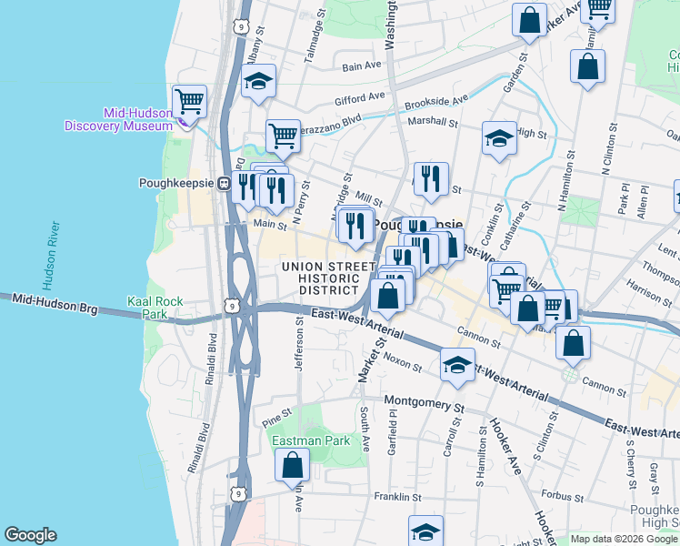 map of restaurants, bars, coffee shops, grocery stores, and more near 185 Union Street in Poughkeepsie
