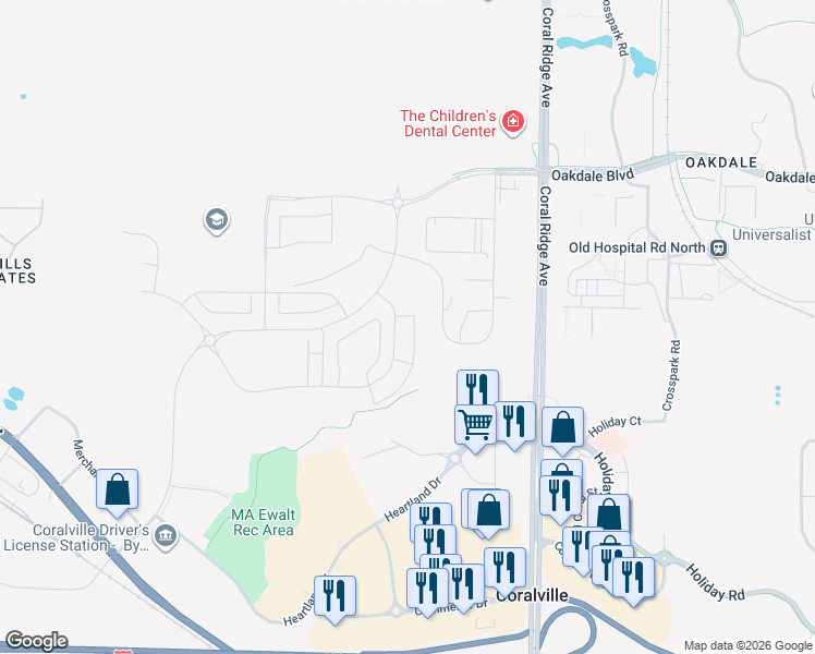 map of restaurants, bars, coffee shops, grocery stores, and more near 2861 Spring Rose Circle in Coralville