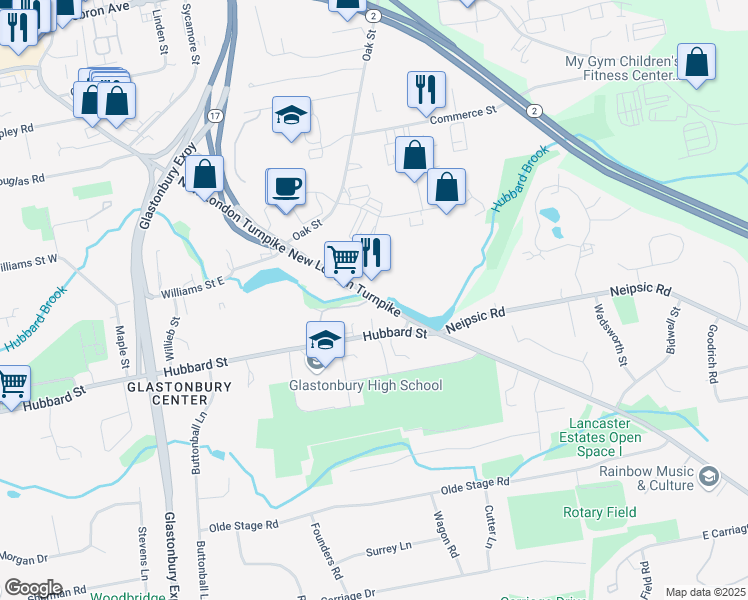 map of restaurants, bars, coffee shops, grocery stores, and more near 819 New London Turnpike in Glastonbury