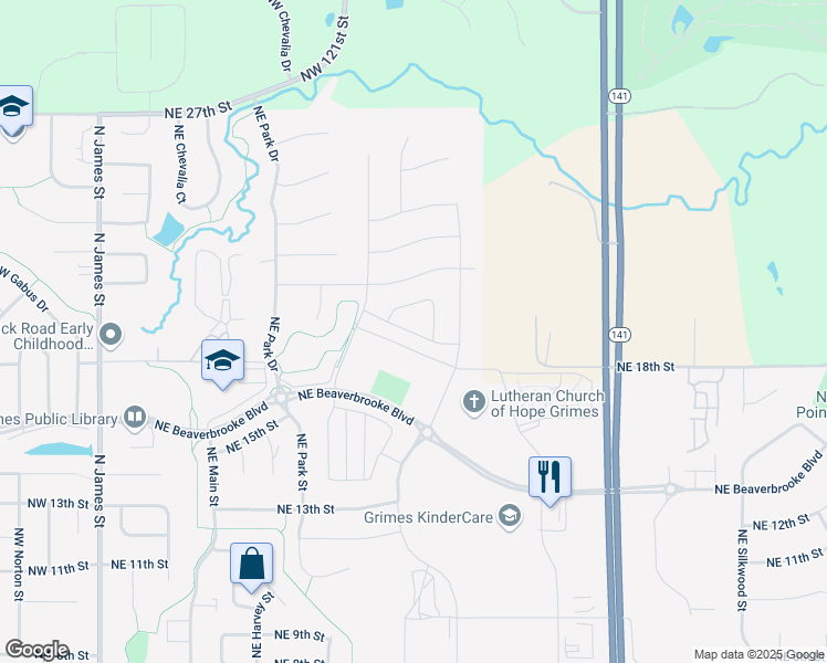 map of restaurants, bars, coffee shops, grocery stores, and more near 1121 Northeast 19th Street in Grimes