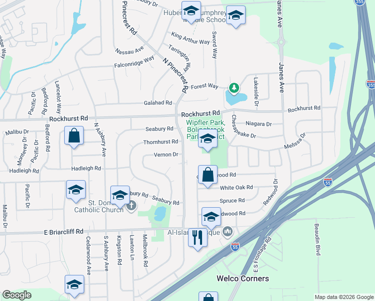 map of restaurants, bars, coffee shops, grocery stores, and more near 220 North Pinecrest Road in Bolingbrook