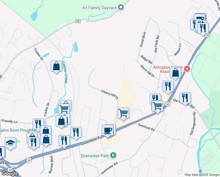 map of restaurants, bars, coffee shops, grocery stores, and more near 6008 Cherry Hill Drive in Poughkeepsie