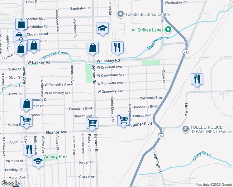 map of restaurants, bars, coffee shops, grocery stores, and more near 252 West Gramercy Avenue in Toledo