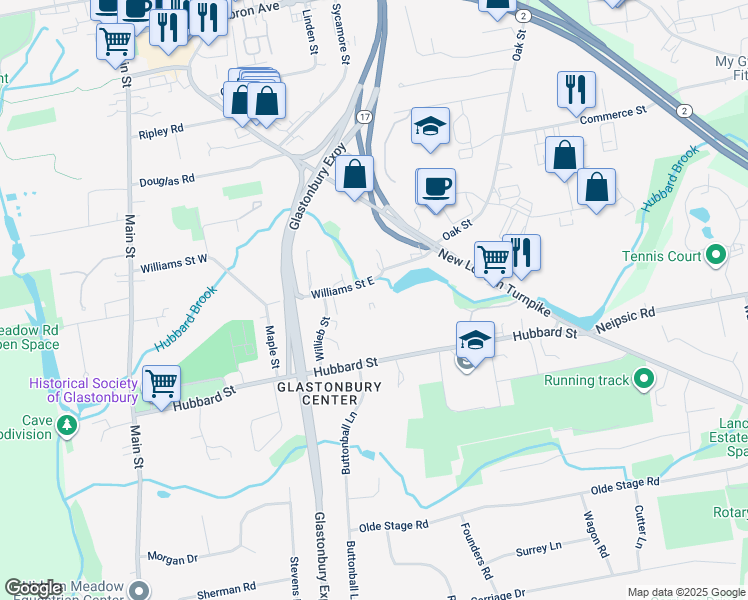 map of restaurants, bars, coffee shops, grocery stores, and more near 222 Williams Street East in Glastonbury