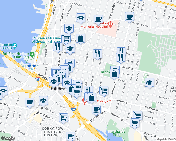 map of restaurants, bars, coffee shops, grocery stores, and more near 512 Pine Street in Fall River