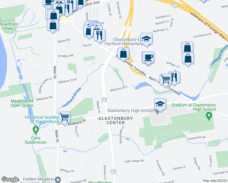 map of restaurants, bars, coffee shops, grocery stores, and more near 222 Williams Street East in Glastonbury