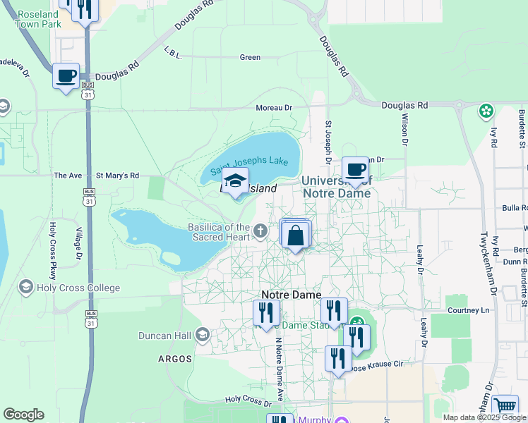 map of restaurants, bars, coffee shops, grocery stores, and more near in Notre Dame