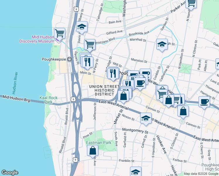map of restaurants, bars, coffee shops, grocery stores, and more near 189 Union Street in Poughkeepsie