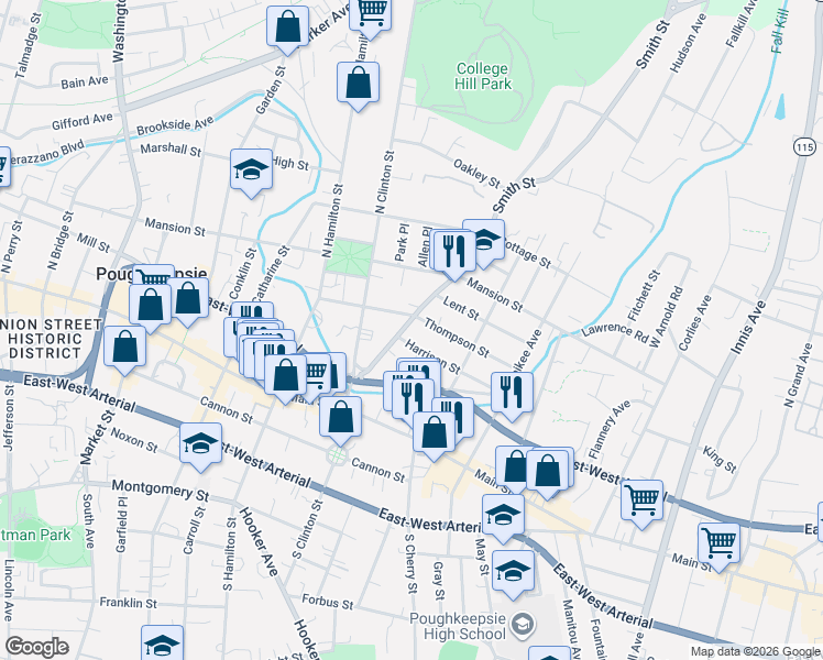 map of restaurants, bars, coffee shops, grocery stores, and more near 75 Thompson Street in Poughkeepsie