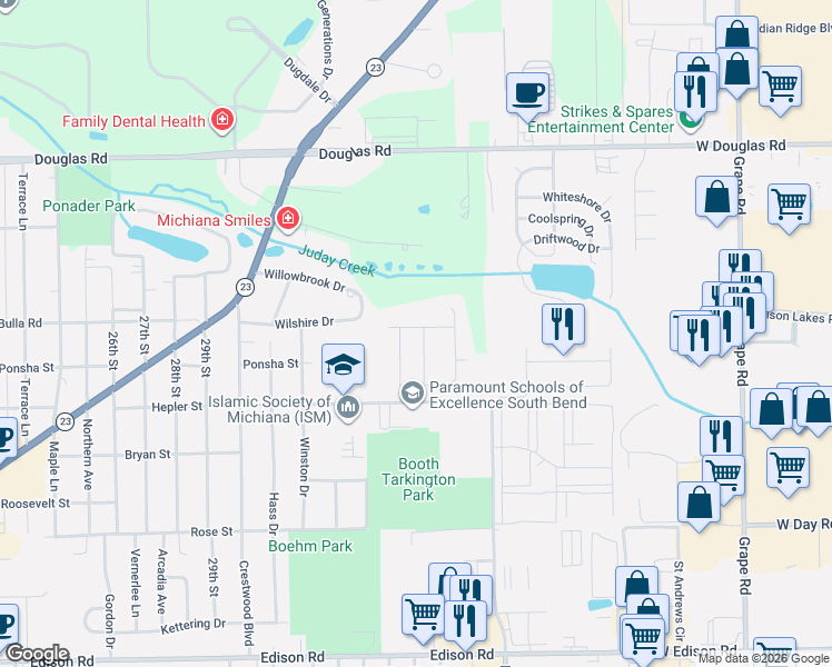 map of restaurants, bars, coffee shops, grocery stores, and more near 3413 Creekview Drive in South Bend